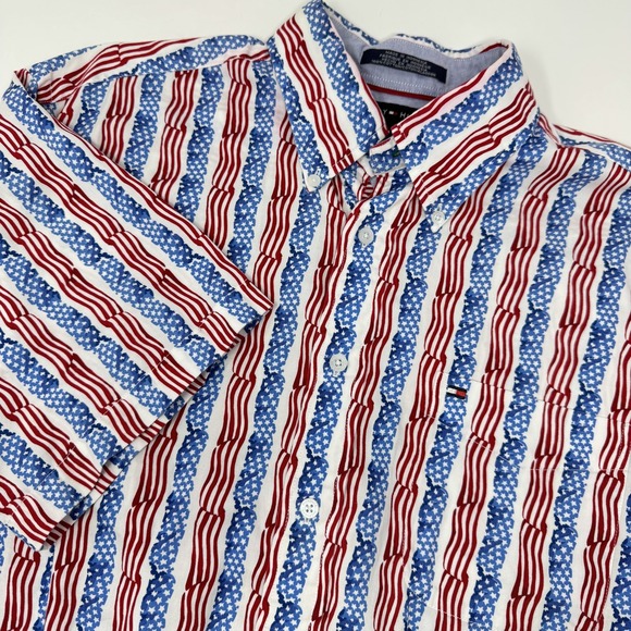 Tommy Hilfiger Shirt Mens Large Red White Blue USA Flag Stars‎ Stripes Button Up - Picture 3 of 10